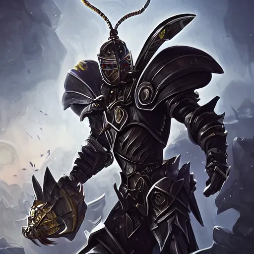 Prompt: portrait of humanoid wasp resembling a knight in black monstrous armor with dragonfly wings on its back, league of legends splash art, hearthstone splash art, full body shot, rule of thirds, ultrafine hyperrealistic detailed face, artgerm, greg rutkowski, trending on artstation, 8 k, intricately detailed, highly detailed