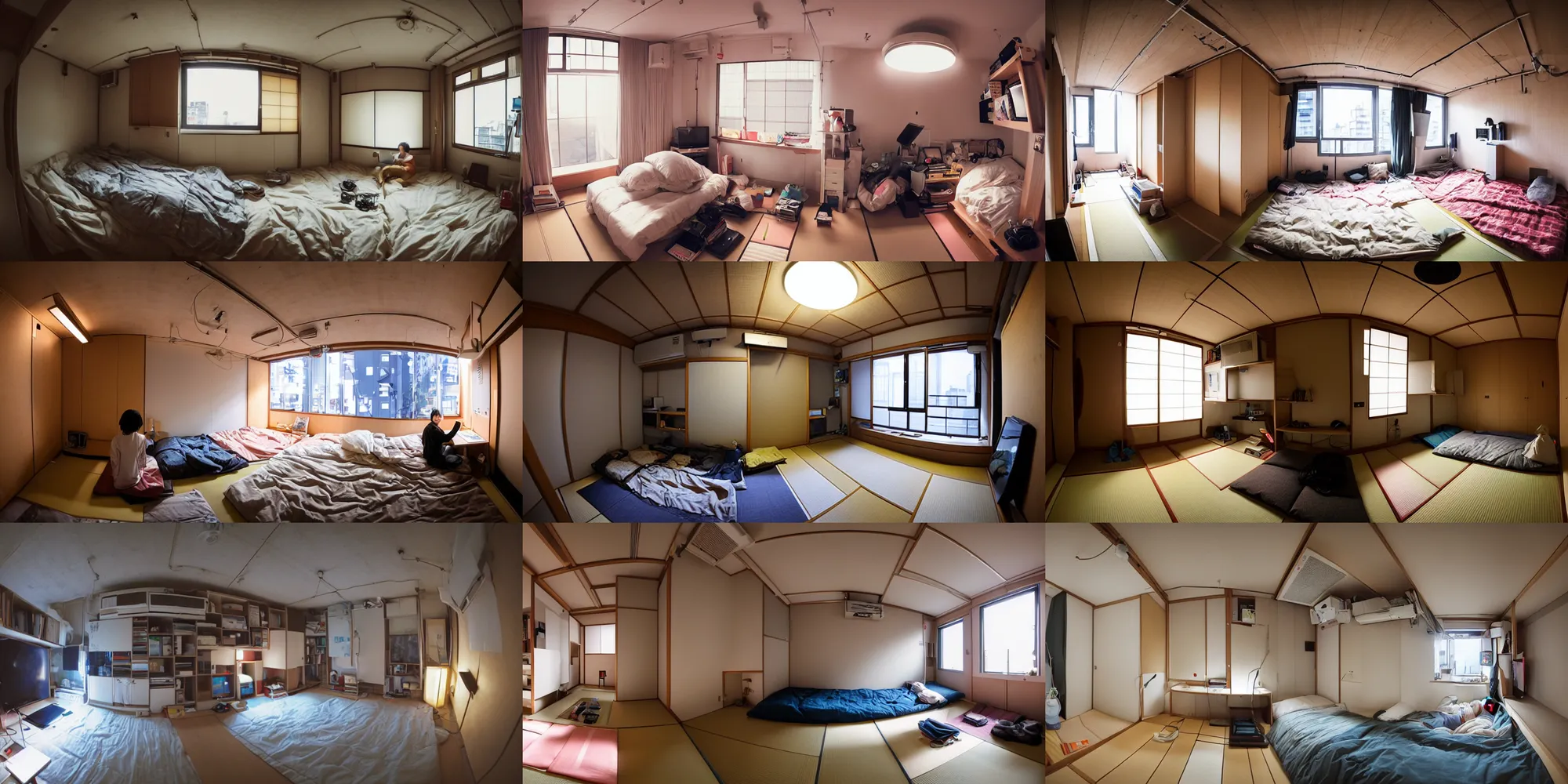 Prompt: crammed japanese apartment bedroom lit by a laptop screen simon stalenhag, fisheye camera, extreme perspective