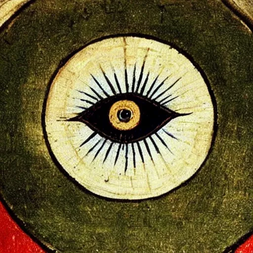 Image similar to a medieval painting of the eye of Sauron from lord of the rings