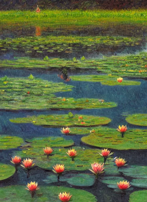 Image similar to close - up of a smiling frog in the pond with water lilies, medieval castle on background, shallow depth of field, highly detailed, ominous, digital art, masterpiece, matte painting, sharp focus, matte painting, by isaac levitan, monet, asher brown durand,