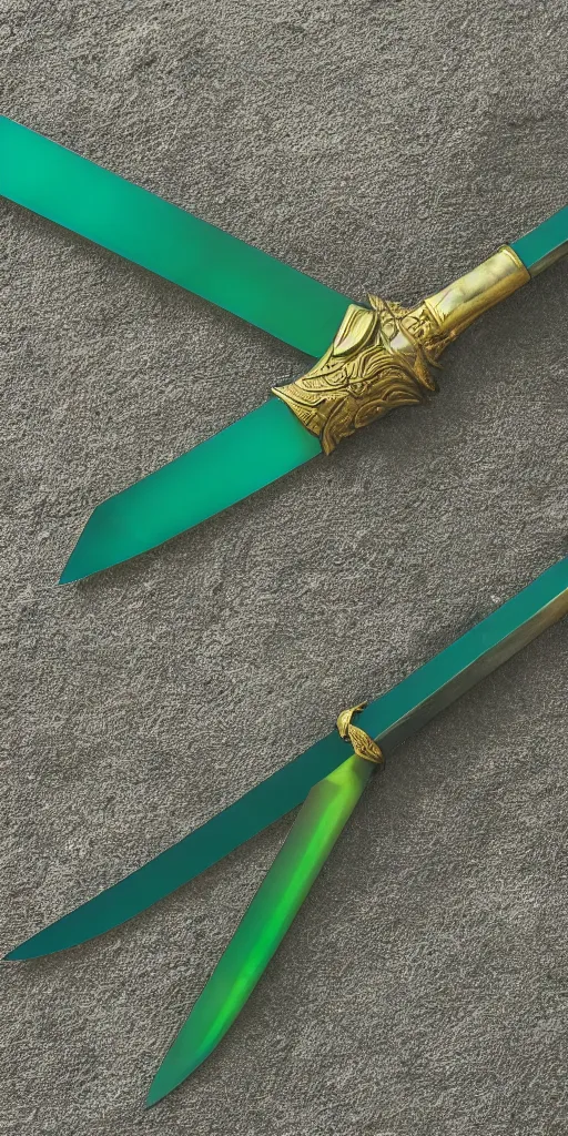 Image similar to photograph of a wide green and teal crystal sword blade attached to a big gold sword hilt