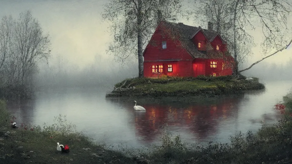 Image similar to small red wooden cottage by the lake, lanterns in the front of the cottage, smoke coming out of the chimney, dusk, birch trees, tranquility, two swans swimming in the lake, two swans, a wooden rowing boat, by Greg Rutkowski, by Charlie Bowater