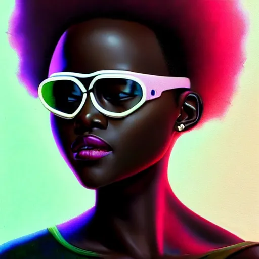 Image similar to Lupita Nyongo wearing opaque reflective goggles profile picture by Greg Rutkowski, brown skin, long afro hair, asymmetrical, futuristic, neon volumetric lights, cool colors, streetwear, studio ghibli, Organic Painting , Matte Painting, geometric shapes, hard edges, street art, trending on the artstation, fantasy LUT, realistic by Sachin Teng + Martin Grip + Moebius, techwear, Industrial Scifi, detailed illustration, character portrait,