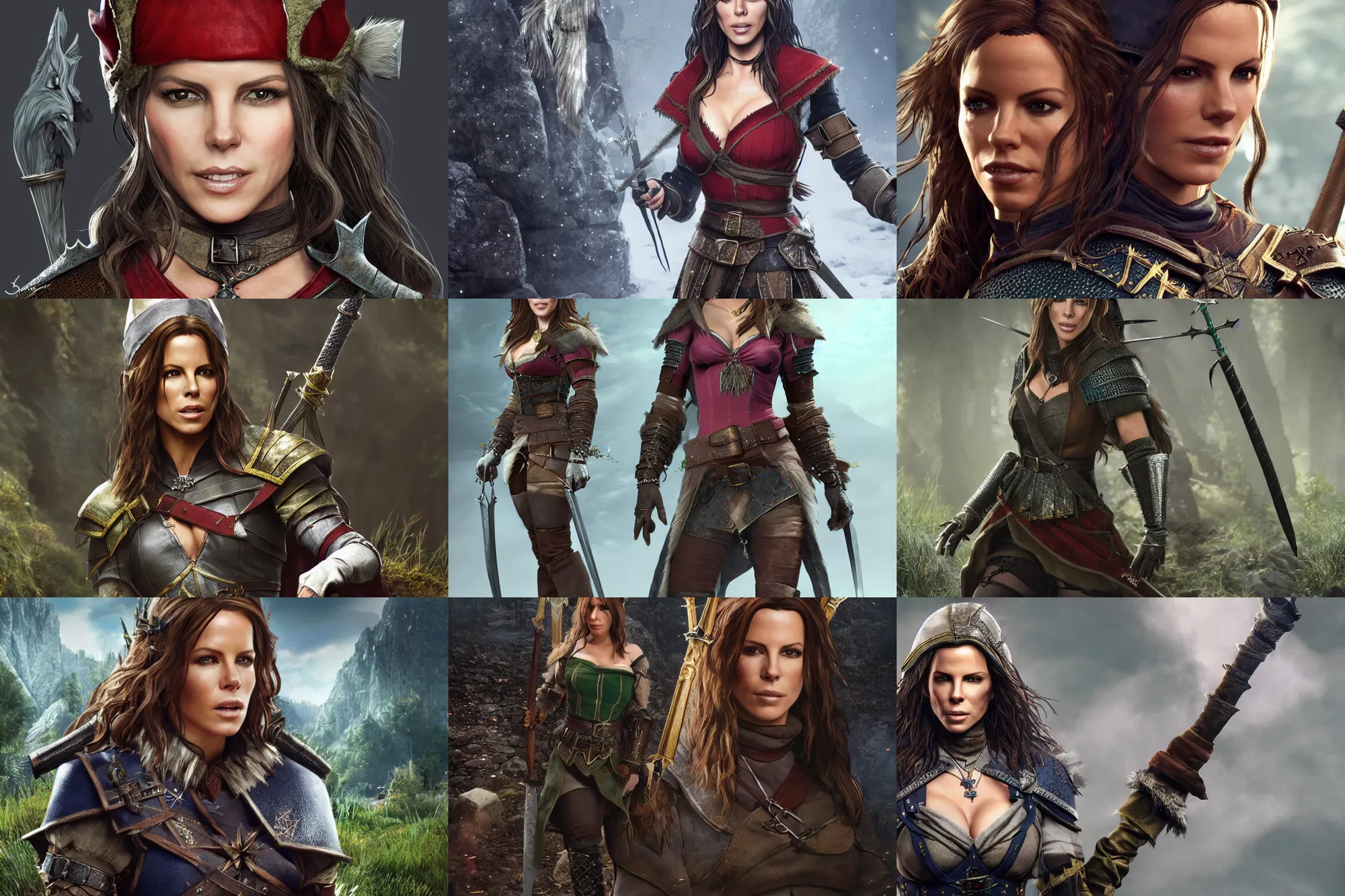 Prompt: Kate Beckinsale as a high-fantasy elf in a chesty fantasy outfit in The Witcher 3, high quality, rendering, hyper-realistic, digital art, award winning