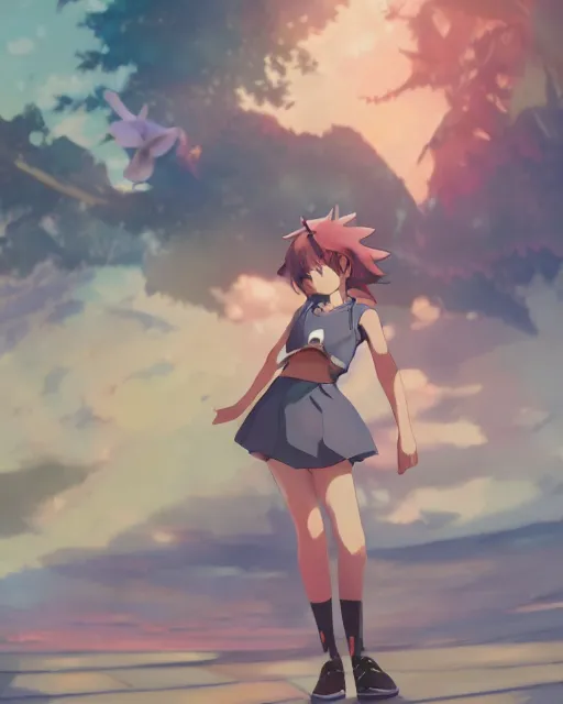 Image similar to a female pokemon trainer girl, full shot, atmospheric lighting, detailed face, by makoto shinkai, stanley artger m lau, wlop, rossdraws, james jean, andrei riabovitchev, marc simonetti, krenz c