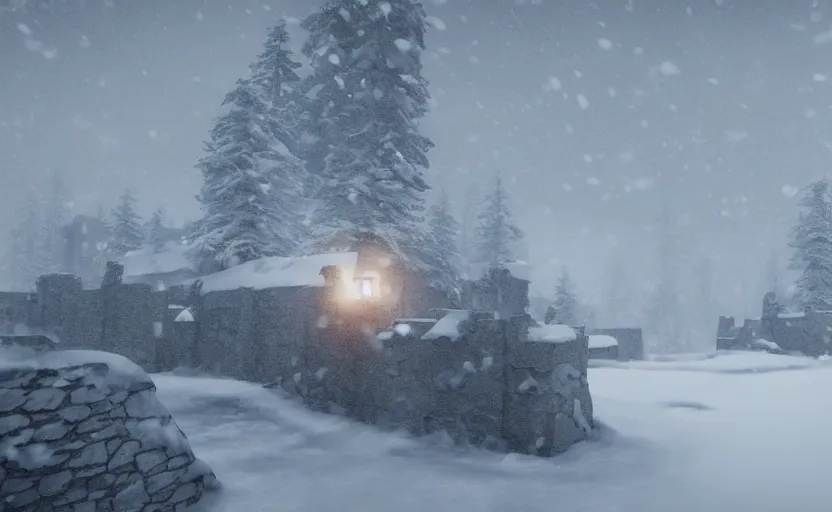 Prompt: winterfell in the snowstorm, doomy, Unreal Engine, cinematic photography, highly-detailed, games of thrones, HBO, high resolution, 8k, photorealistic, stunning volumetric lighting