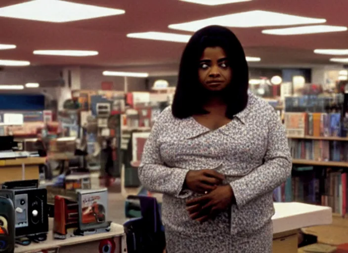 Image similar to cinematic shot of octavia spencer in an small used electronics store, iconic scene from the paranoid thriller sci fi film directed by stanley kubrick, anamorphic cinematography, beautiful composition, color theory, leading lines, photorealistic, volumetric lighting