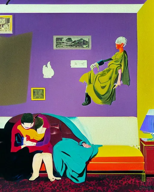 Image similar to old dead couple sitting on a couch and a dark figure crying in the corner with clouds at red and yellow art deco interior room in the style of Francis Bacon and Syd Mead, open ceiling, highly detailed, painted by Francis Bacon and Edward Hopper, painted by James Gilleard, surrealism, airbrush, very coherent, triadic color scheme, art by Takato Yamamoto and James Jean