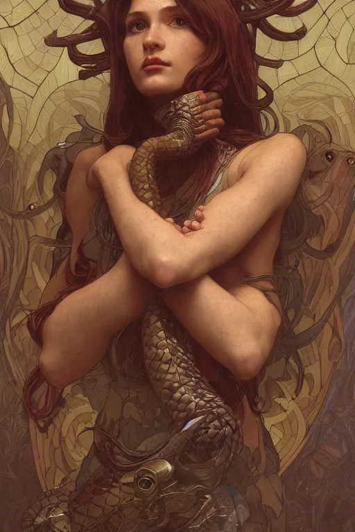 Image similar to Portrait of an anthropomorphic snake-woman, cinematic lighting, intricate, rugged, highly detailed, digital painting, normal hands, normal legs, artstation, smooth, sharp focus, illustration, art by artgerm and greg rutkowski and alphonse mucha and Wayne Barlowe and william-adolphe bouguereau