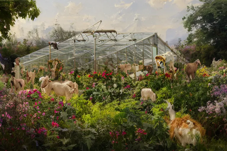 Image similar to weed greenhouse with hundreds of goats in the yard, goat farm, rococo style, greek architecture, green marble building, marijuana trees, multicolored weed leaves, dynamic lighting, landscape, artwork by jeremy lipkin and giuseppe dangelico pino and michael garmash and rob rey and greg manchess and huang guangjian and makoto shinkai, pixiv, 1 0 0 mm