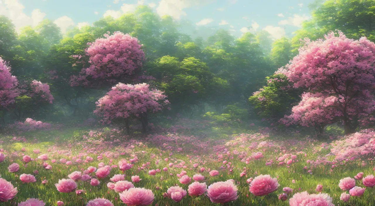 Prompt: Rendering of a scene meadow full of peony，by Makoto Shinkai and Thomas Kinkade, fantasy matte painting, trending on cgsociety and unreal engine，light effect，highly detailed，super wide angle,