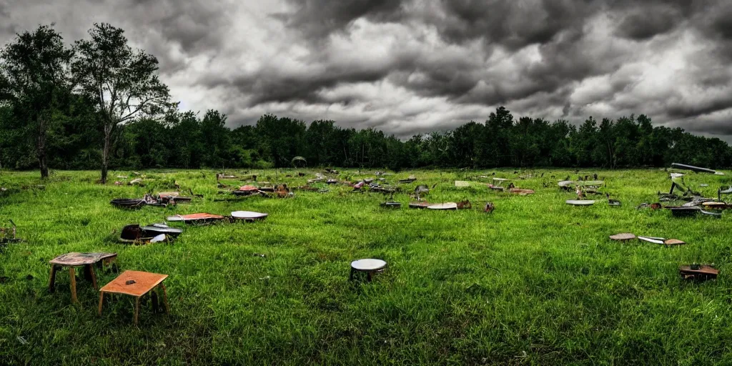 Prompt: a grassy field filled with lots of scattered of old furniture, overcast sky, forest in background, photorealistic, 4k, photo, detailed