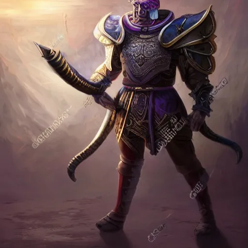 Image similar to athletic man with elephant head wearing leather armor wielding a purple sword, fantasy art, space in background, dim lighting