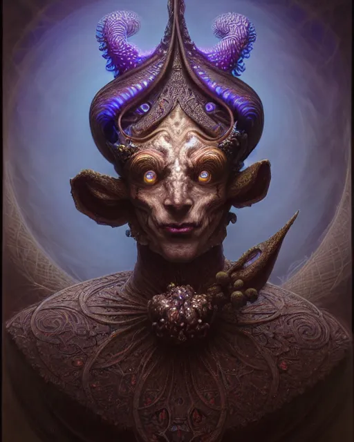 Prompt: front shot of a court jester character, hyperdimensional, bioluminescent ethereal, ((intricate)), elegant, highly detailed, centered, (((artstation, concept art, smooth, sharp focus, artgerm, Tomasz Alen Kopera, Peter Mohrbacher, donato giancola, Joseph Christian Leyendecker, WLOP, Boris Vallejo))), mugshot!!!!!, ugly!!!!!!, octane render, nvidia raytracing demo, grainy, muted