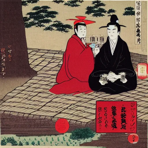 Image similar to two playboys drinking sake in a parc, Jigoku zoshi
