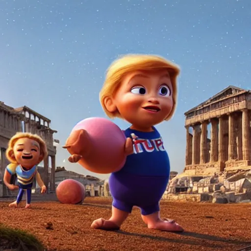 Image similar to Still from pixar movie about an Tiny Donald Trumps invasion Ancient Athens, UFOs, portrait, intricate, 8k highly professionally detailed, HDR, CGsociety