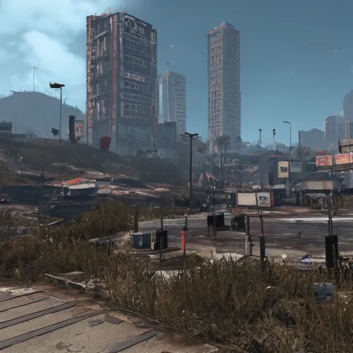 Prompt: Hong Kong in ruins post-nuclear war in Fallout 4, in game screenshot