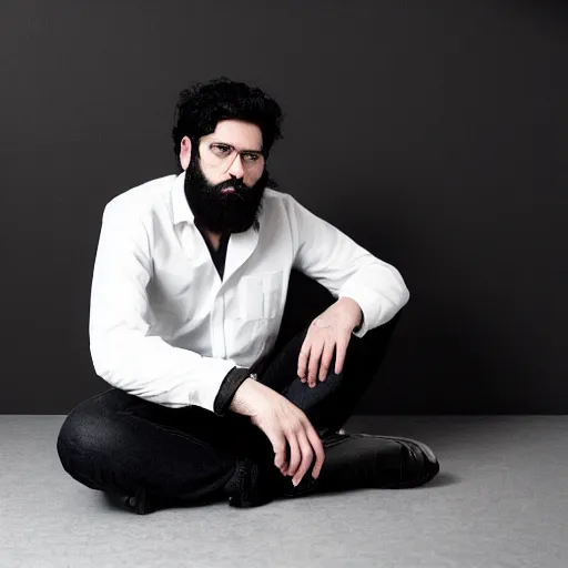 Prompt: a man with black hair and beard, wearing a black jacket, white shirt and jeans, sitting in an empty white room, devastated, rendered in unreal engine