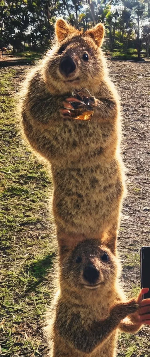 Image similar to happy quokka taking a selfie and smoking a joint, golden hour, ultra realistic