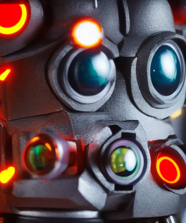 Image similar to high quality presentation photo of a retro toy robot with glowing eyes, photography 4k f1.8 anamorphic bokeh 4k Canon Nikon