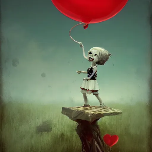 Image similar to grunge cartoon landscape sketch of bilie eilish with a wide smile and a red balloon by - michal karcz, loony toons style, pennywise style, horror theme, detailed, elegant, intricate