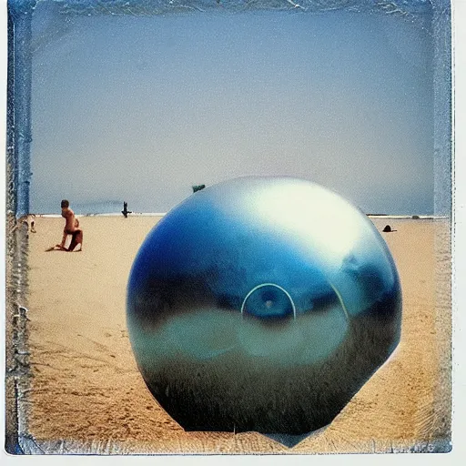 Image similar to a pastel colour high fidelity Polaroid art photo from a holiday album at a seaside with abstract inflatable parachute furniture and spheres, all objects made of transparent iridescent Perspex and metallic silver, no people, iridescence, nostalgic