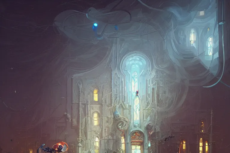 Image similar to illustration of close - up street view of pipe organ, night, ghosstly figures by peter mohrbacher, by alex andreev, by jacek yerka, large depth of field, super detailed, digital art, trending on artstation, minimalism