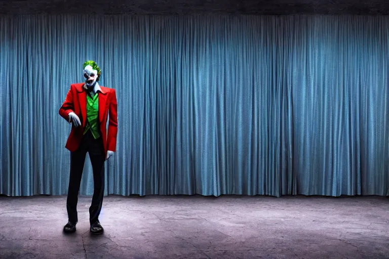 Prompt: the Joker standing on the stage of a disheveled movie theater, the stage light is directed at him, blue worn down curtains are behind him, realistic lighting, post processed lighting, 4k professional photography, wide angle lens