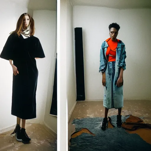 Image similar to realistic! photoshoot for a new vetements lookbook, color film photography, portrait of a beautiful woman, location in a apartment, in style of tyler mitchell, 35mm