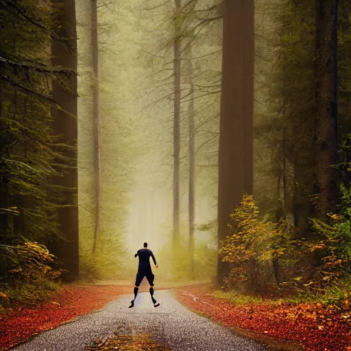 Prompt: a sporty guy runs alone through a forest with tall trees, acid-green sneakers, a photo from the back in perspective, art by Mikko Lagerstedt, ,