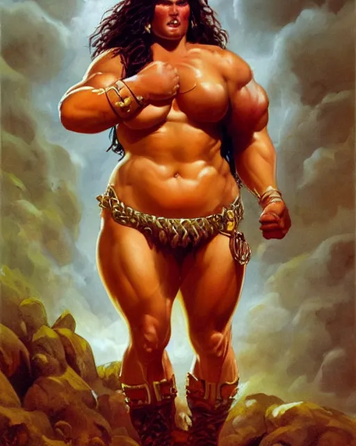 Prompt: gorgeous plus - size muscle - fat barbarian woman, oil on canvas, octane, low - fantasy aesthetic. by boris vallejo, alain aslan, cutesexyrobutts, and simon bisley.
