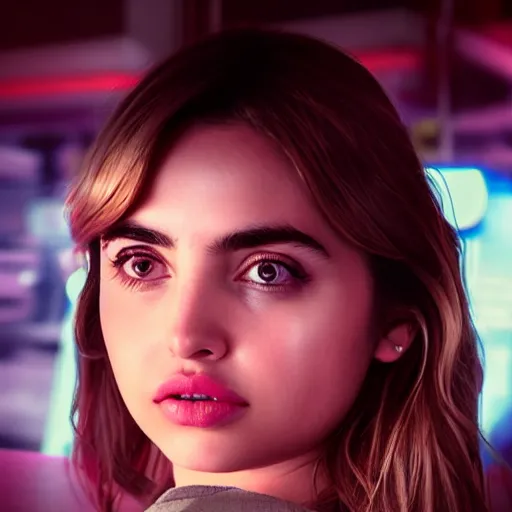 Prompt: ana de armas portrait working in a fast food restaurant, in a cinematic cyberpunk style photorealistic, soft neon light, 3 5 mm