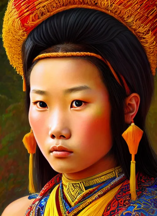 Prompt: portrait of a beautiful teen tai ethnic southern china, closeup portrait, historical, ethnic group, traditional costume, elegant, loin cloth, highly detailed, oil painting, artstation, concept art, matte, sharp focus, illustration, hearthstone, art by earl norem