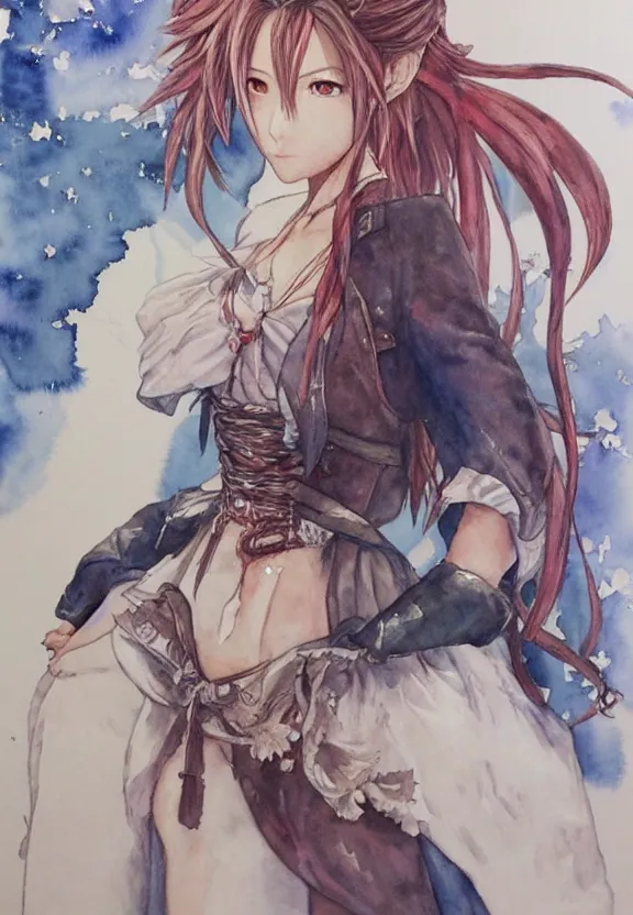 Prompt: a full - body watercolor painting of aerith gainsborough!!!!!! by yoshitaka amano, highly detailed, intricate, trending on artstation, award - winning