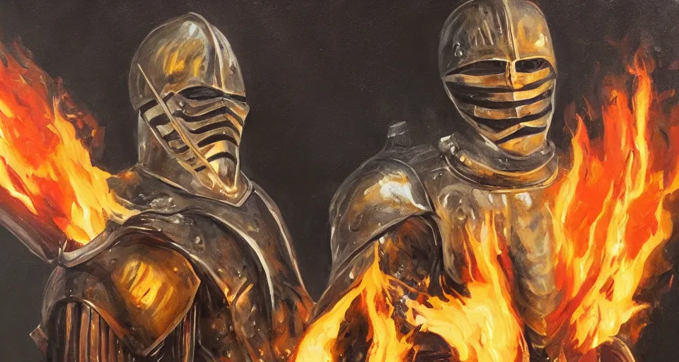 Prompt: An oil painting of a knight in dark metal armor wielding a flaming sword