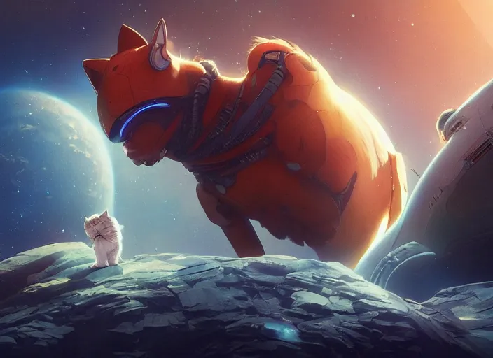 Image similar to a space cat staring role in a musical sci - fi space opera ghibli animated film, volumetric lighting, octane render by stanley artgerm lau, greg rutkowski, thomas kindkade, alphonse mucha, loish, norman rockwel,