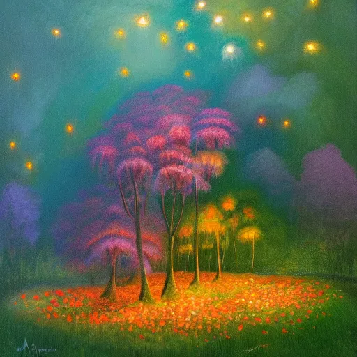 Prompt: a beautiful painting of an enchanted forest full of tropical flowers and fireflies, by agnes lawrence pelton, trending on artstation