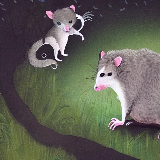 Prompt: opossum birthday party in the forest at night