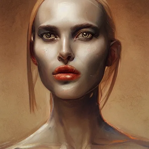 Image similar to surreal portrait of a woman by Greg Rutkowski, symmetrical face, she is about 30 years old, she is about 30 years old, pretty, blond hair with two strans around her face, slavic features, melancholic gaze, pretty aquiline nose, transformed into a kind of biomechanical transhuman goddes, uncany but fascinating, sad but determined look, cosmic void background, frightening, fascinating, highly detailed portrait, digital painting, book cover, artstation, concept art, smooth, sharp foccus ilustration, Artstation HQ