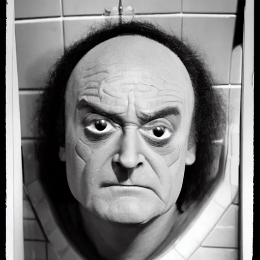 Image similar to portrait of Klingon Chancellor Gowron in full Klingon costume and makeup in a dirty gas station bathroom as he inspects a small round hole in the wall of the toilet stall