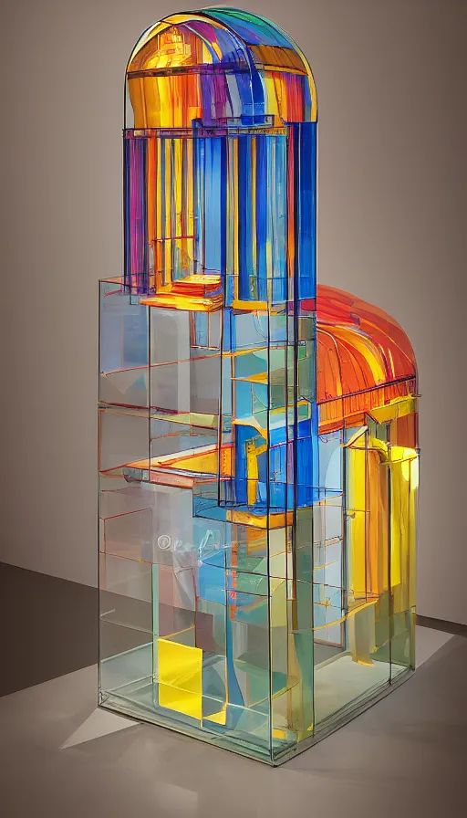 Prompt: an architectural model of a colorful glass gondola on display in a contemporary art gallery in a bell jar, Opus Francigenum, symmetrical, pointed arches, frosted glass, muted fall colors, glossy from rain, rayonnant style, highly detailed, photographed by Andreas Gursky, uncanny, beautiful, bokeh, studio lighting, light box, dramatic lighting,