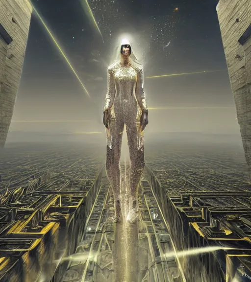 Image similar to ethereal picture of tarkovsky greatest scene, aura of the ancient destroyed majestic tower of babylon, a woman in futuristic cyber clothing, transparent puffer jacket, hyperealistic, blockchain, cyber world, ambient lighting, concept art, intricate, hyper detailed, smooth, dynamic volumetric lighting, ocatane, ray trace, cinematic, high quality, cgsociety