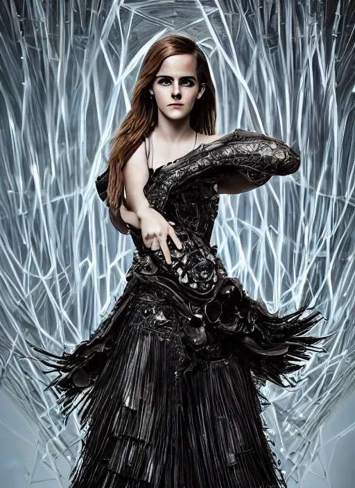 Image similar to expressive full body photo of emma watson, dress made of steel blades, glamour shot, by karol bak, stefan gesell, photorealistic, nikon d 4 x, fashion photography, hyper maximalist, elegant, ornate, luxury, elite, environmental portrait, symmetrical features, octane render, unreal engine, solid dark grey background, dramatic lights