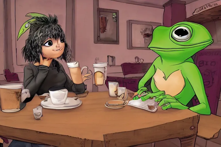 Prompt: studio photo!!! of a punk girl on a date with pepe! the frog! drinking coffee, highly detailed, 8 k, natural lighting