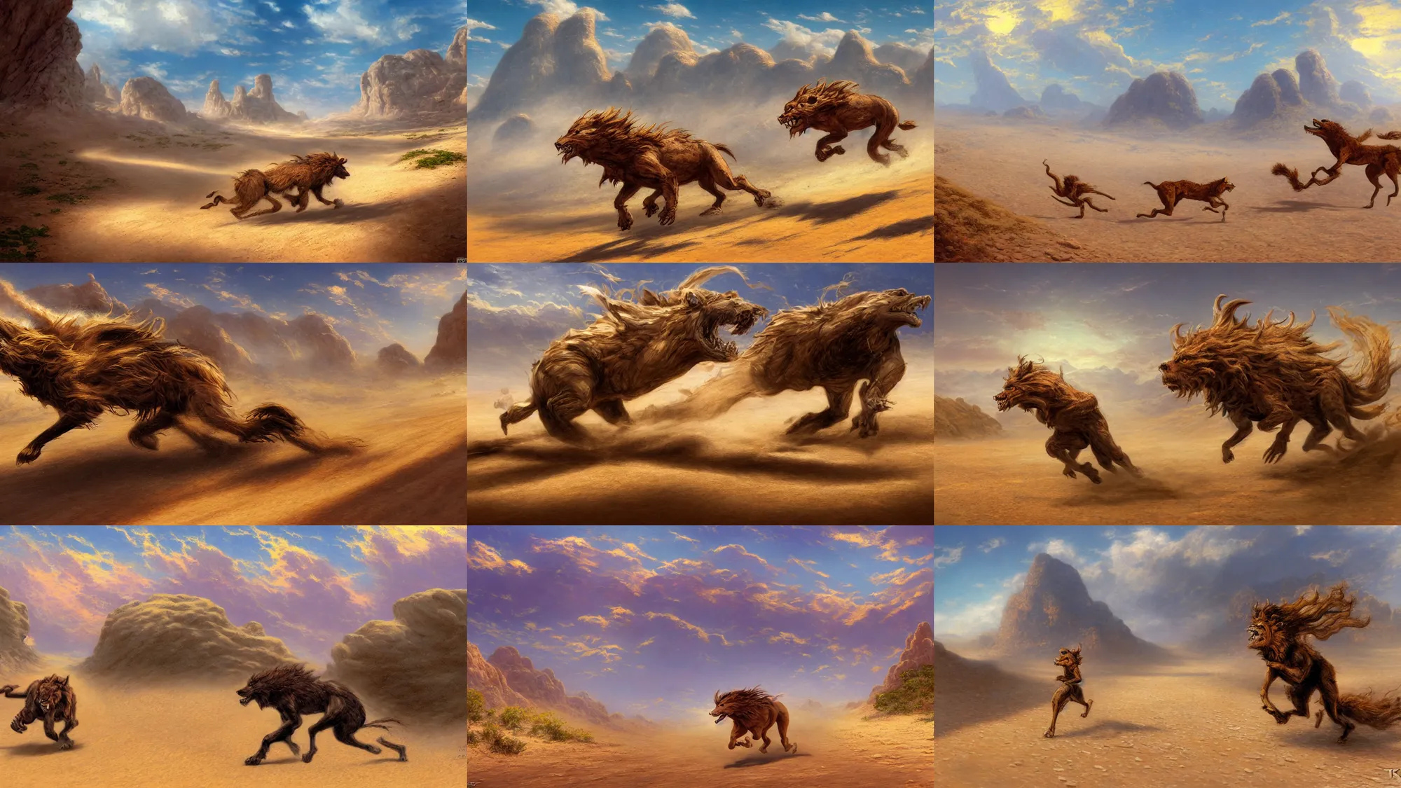 Prompt: beast running across the open desert, empty desert, sand, karst landscape, wide shot, concept art by thomas kinkade