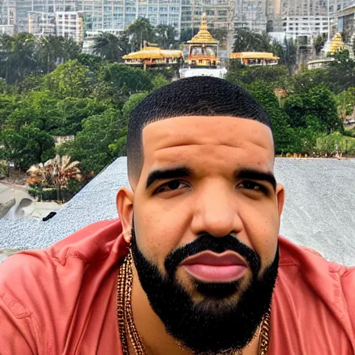 Image similar to photo of drake, gold necklace, buzz cut, beard, hindu temple in background