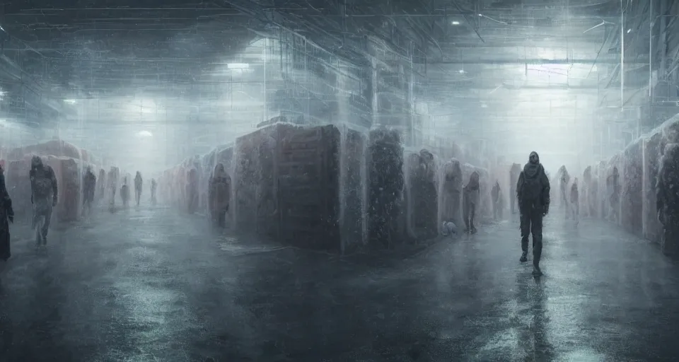 Image similar to illustration of rows of humans in cryostasis in a cold warehouse, refrigerated storage facility, rolling fog, greg rutkowski, cyberpunk, dramatic lighting, unreal engine 5, colorful