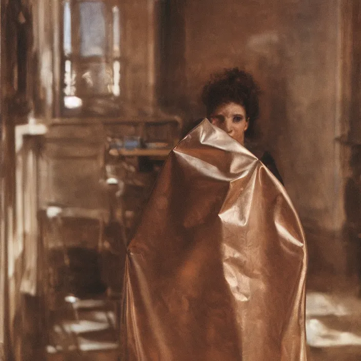 Image similar to closeup portrait of a woman wrapped in bronze cellophane, standing in an empty cafe, color photograph, by john singer sargent, canon eos c 3 0 0, ƒ 1. 8, 3 5 mm, 8 k, medium - format print
