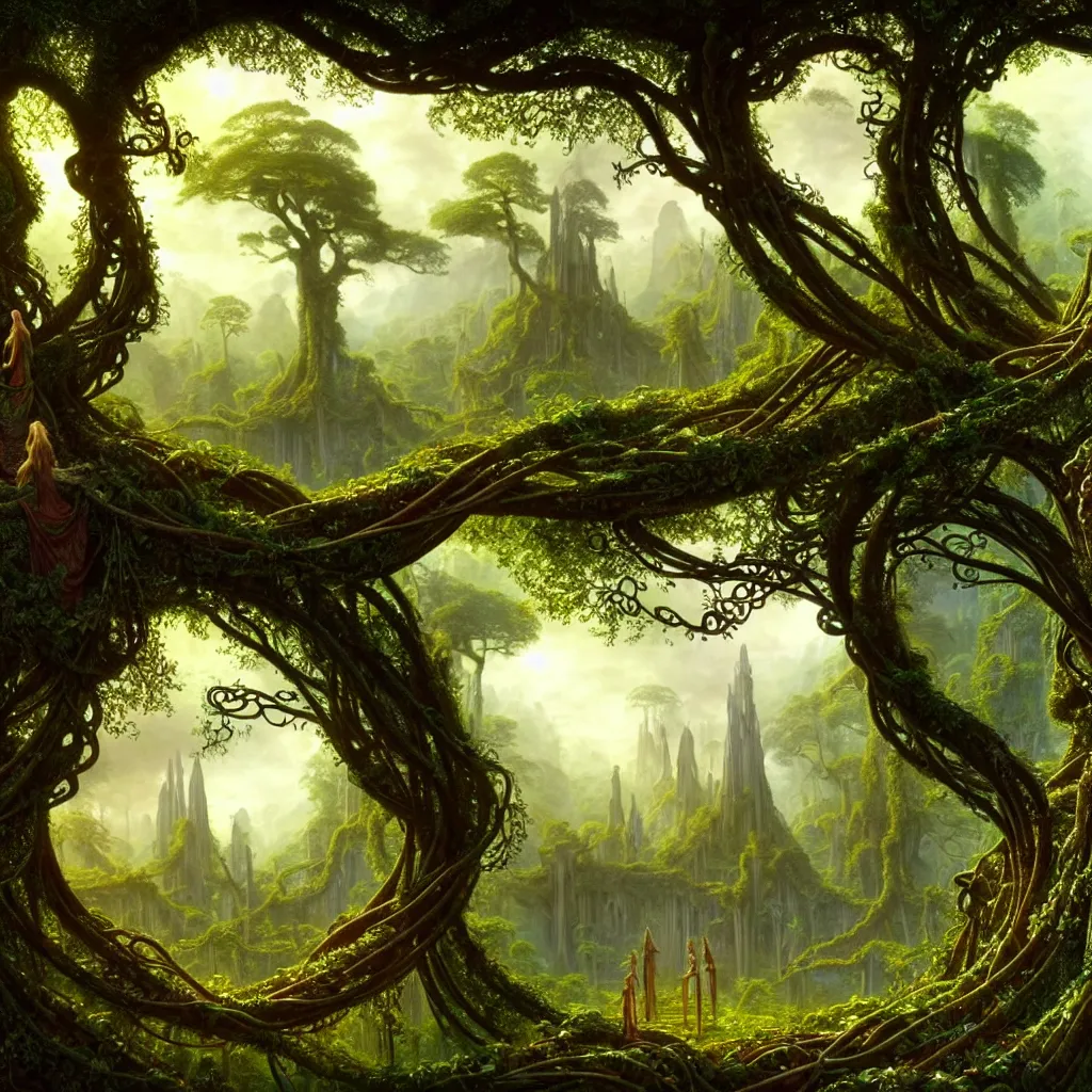 Image similar to a beautiful and highly detailed matte painting of an elven temple in a magical fantasy garden in a lush forest, ancient runes, knotted trees, tangled vines, intricate details, epic scale, insanely complex, 8 k, sharp focus, hyperrealism, very realistic, by caspar friedrich, albert bierstadt, james gurney, brian froud,