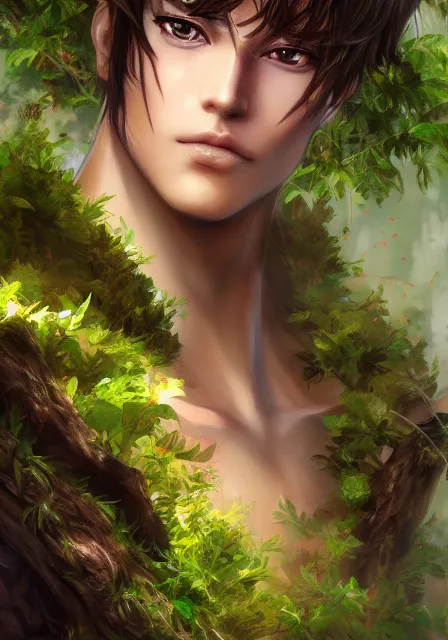 Image similar to A realistic anime portrait of a handsome dryad with glowing green eyes and tree bark skin wearing clothes made of leaves, digital painting, by Stanley Artgerm Lau, Sakimichan, WLOP and Rossdraws, digtial painting, trending on ArtStation, SFW version